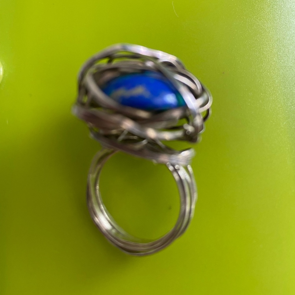 Silver Wire Caged Lapis Ring- Artisan Made, Vtg - image 4